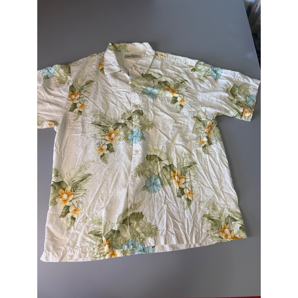 Tommy Bahama Mens Silk Blend Floral Tropical Camp Shirt Cream Short Sleeve XL